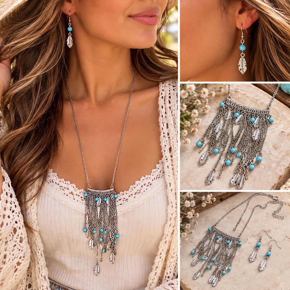 Silver Tone Turquoise Bead Feather Fringe Necklace Earrings Boho Western Set